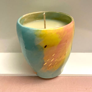 hand pouered soy wax candle in handmade ceramic cup